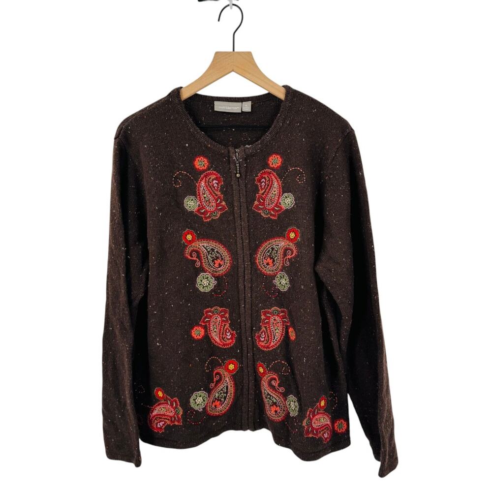 Vintage Croft & Barrow Embroidered Paisley Zip Cardigan Brown Sweater Size XL